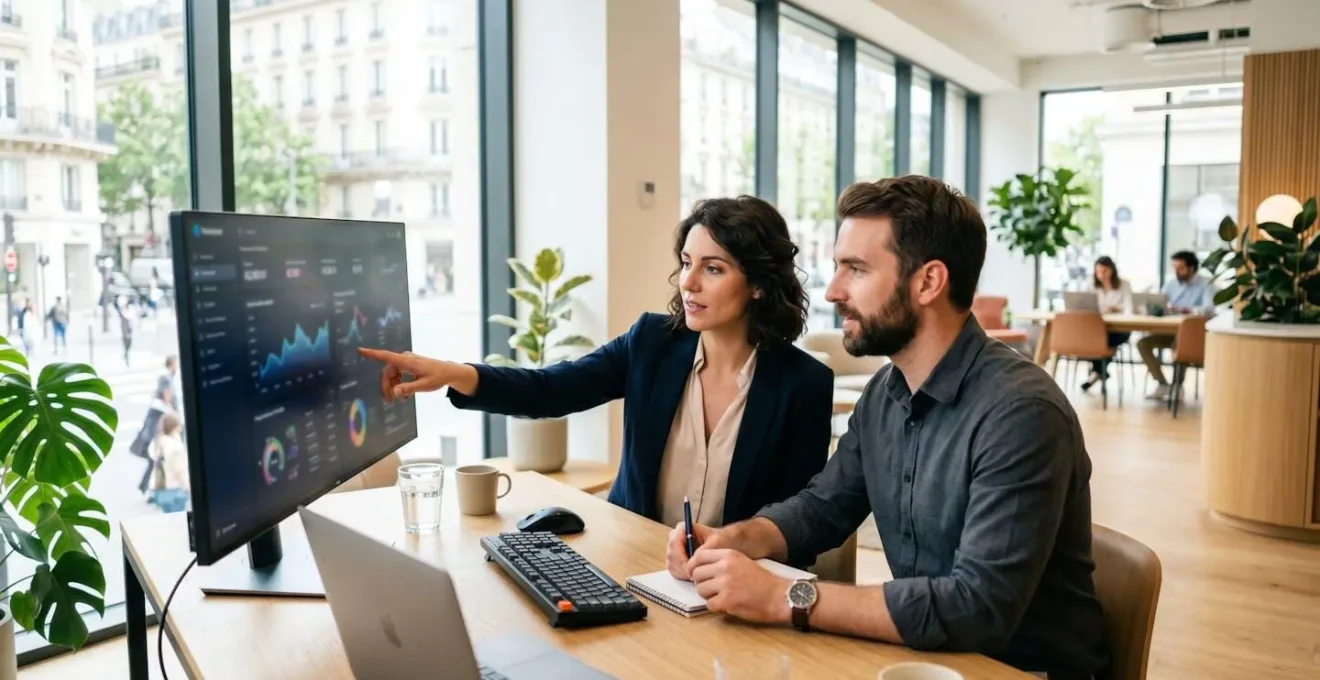 Une directrice financière et un responsable crédit en discussion collaborative devant un écran montrant des indicateurs d'encours clients dans un bureau contemporain lumineux