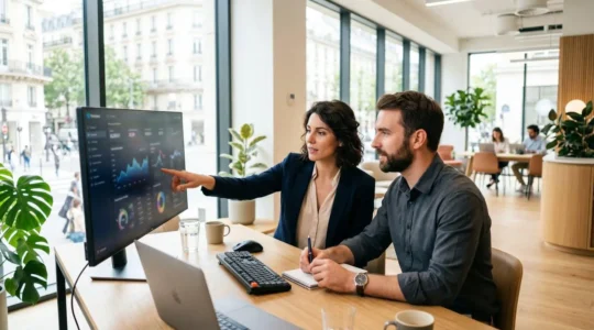 Une directrice financière et un responsable crédit en discussion collaborative devant un écran montrant des indicateurs d'encours clients dans un bureau contemporain lumineux