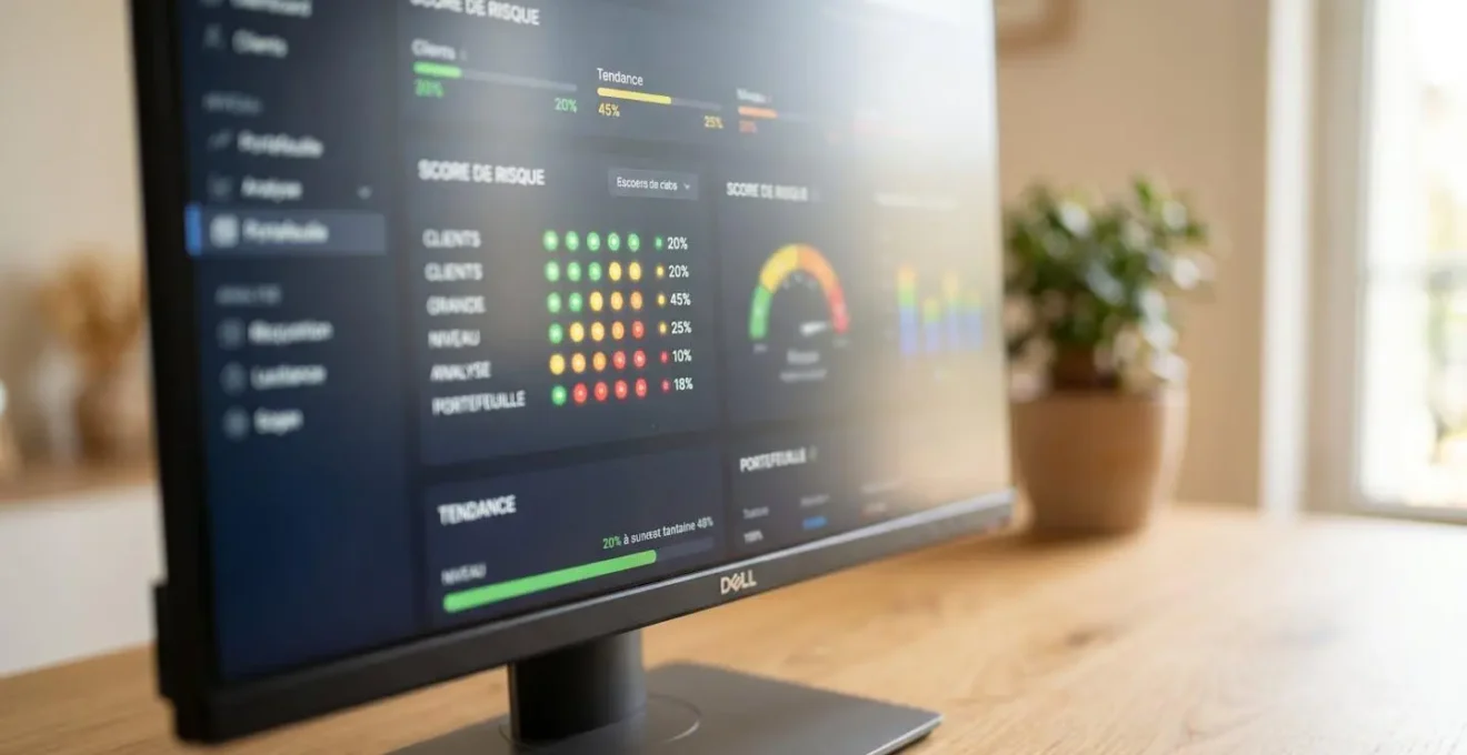 Gros plan sur un écran d'ordinateur affichant un tableau de bord de scoring client avec indicateurs de risque colorés en vert, orange et rouge