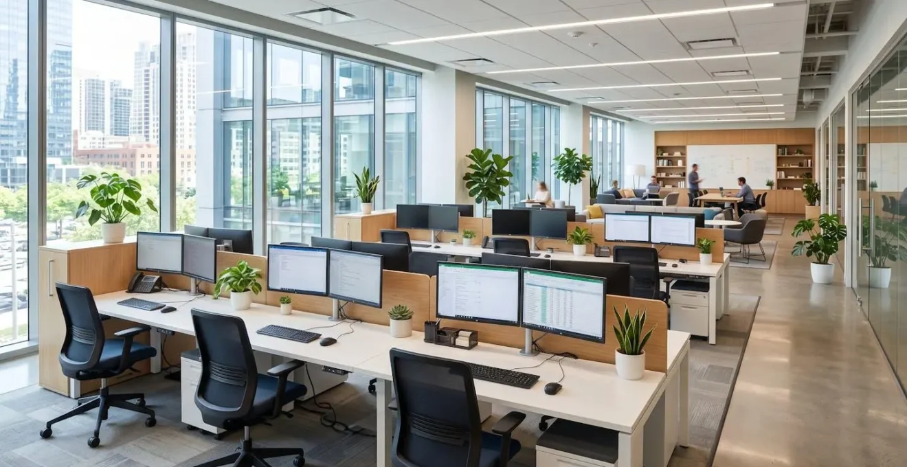 Bureau contemporain de service comptabilité avec plusieurs postes de travail équipés d'écrans, lumière naturelle abondante et espace collaboratif en arrière-plan